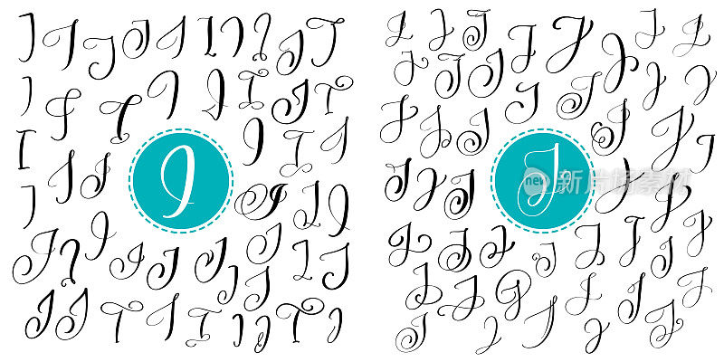Set letters I, j Hand drawn vector flourish calligraphy。脚本的字体。用墨水写的孤立的信件。手写的画笔风格。手写字体标识包装设计海报